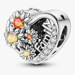 Family Heart Charm with Orange Floral Design 925 Sterling Silver